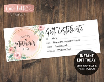 MOTHER&#39;S DAY Gift Certificate Printable Editable Template, Personalized Spa Gift Coupon Mom, Instant DIY Corjl, Last Minute Gift, Hair Salon
