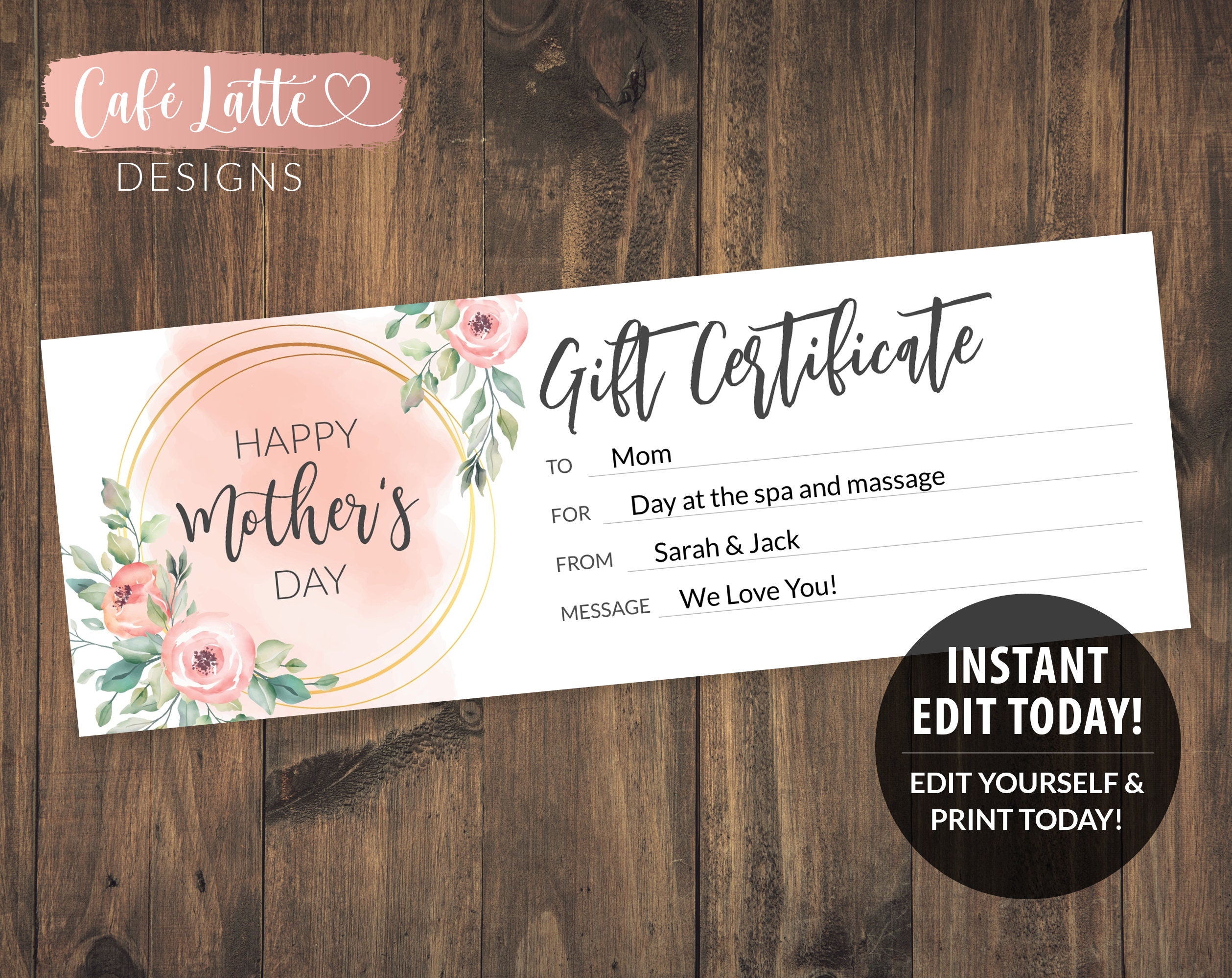 MOTHER S DAY Gift Certificate Printable Editable Template