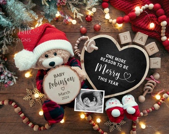Christmas Pregnancy Announcement Social Media, Christmas Baby Announcement Digital Reveal, Reason To Be Merry This Year, Plaid Teddy Bear