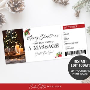 Modello di buono regalo per massaggio natalizio stampabile, buono regalo modificabile per spa natalizia, carta regalo personalizzata fai da te