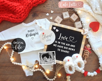 Digital Valentine Pregnancy Announcement Social Media, Love Is In The Air We Have Big News To Share, Valentines Day Baby, One Heart Two Feet