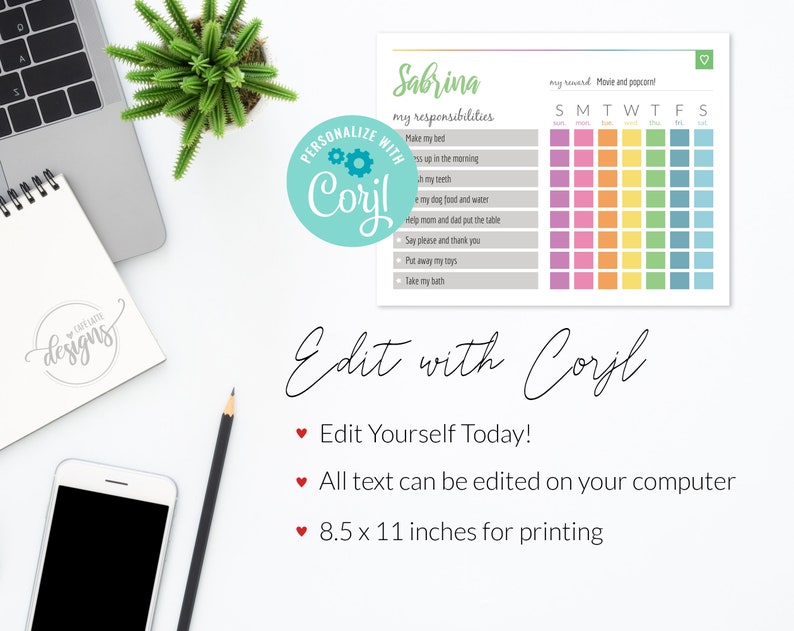 Kids Chore Chart Editable Printable, Responsibility Chart, Custom Chore Chart Template, Kids Rewards Chart, Rainbow Color Chart, DIY Corjl image 3