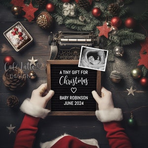 Anúncio de gravidez de Natal para mídias sociais, anúncio de bebê de Papai Noel, modelo digital editável de placa de carta, presente minúsculo, faça você mesmo
