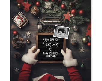 Christmas Pregnancy Announcement For Social Media, Santa Claus Baby Announcement Digital Editable Letter Board Template, Tiny Gift, DIY