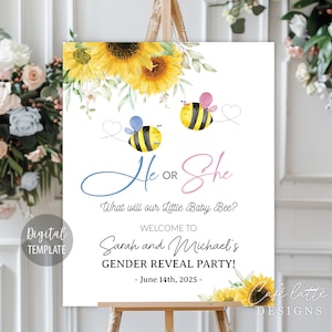 Le sexe des abeilles de l'été révèle le modèle modifiable de plaque de bienvenue, garçon ou fille, bébé abeille, affiche de fête, imprimable, téléchargement immédiat, bricolage