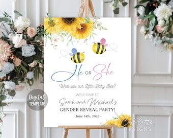May include: A white sign with watercolor sunflowers and two cartoon bees, one with a blue balloon and the other with a pink balloon. Text reads "He or She" and "What will our Little Baby Bee?" with the names "Sarah and Michael" and "GENDER REVEAL PARTY!"