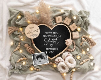 Pregnancy Announcement Social Media, Digital Gender Neutral Baby, Keeping a Secret Heart Chalkboard, Editable DIY Baby Announcement Sage