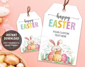 EASTER Printable Gift Tags, Editable Personalized Favor Tags Template with Easter Eggs & Bunny Rabbit, Instant Download Labels Kids Egg Hunt