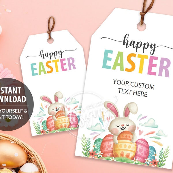 EASTER Printable Gift Tags, Editable Personalized Favor Tags Template with Easter Eggs & Bunny Rabbit, Instant Download Labels Kids Egg Hunt