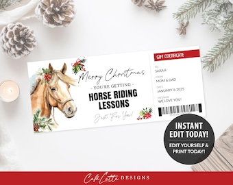 Christmas Gift Certificate Horse Riding Lessons Printable, Horseback Riding Gift Certificate Editable Template, Gift Coupon, Gift Card Idea