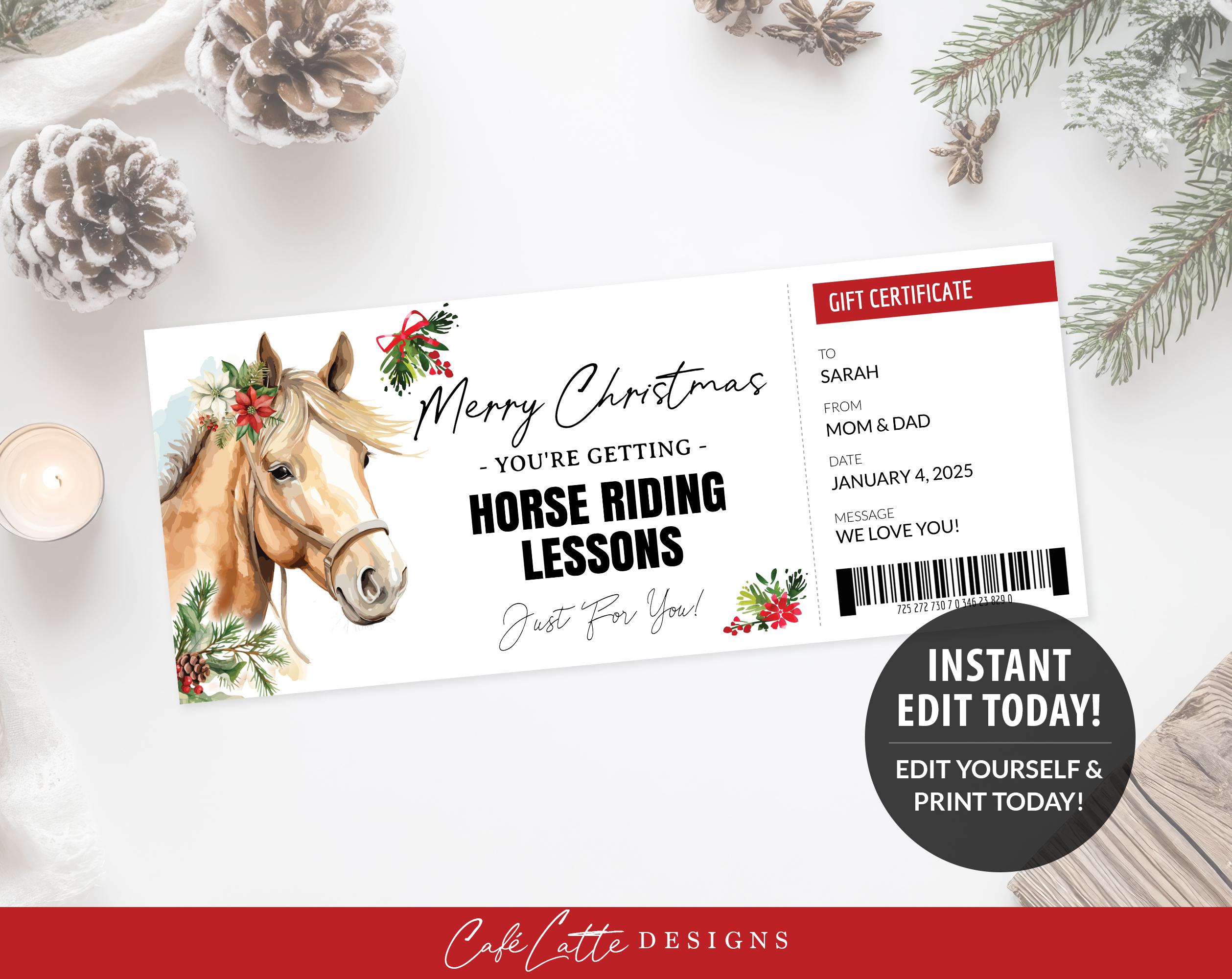 Christmas Gift Certificate Horse Riding Lessons Printable, Horseback ...