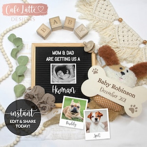 Editable Anuncio de embarazo de perro Redes sociales, Animal, Getting Us a Human, Gender Neutral Boho Baby, Digital Printable Edit Yourself DIY
