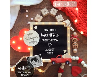 Editable Valentine Pregnancy Announcement Social Media, Our Little Valentine Is On The Way, Red Truck Hearts Letter Board Digital Template