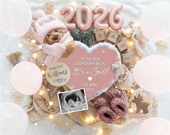 May include: A baby announcement with a teddy bear wearing a pink hat and scarf, surrounded by balloons and decorations. The announcement includes the text "It's a Girl!" and "Due April 2026."