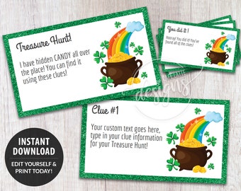 St Patricks Day Treasure Hunt Clues, Editable Scavenger Hunt Clue Cards, Printable Kids Treasure Hunt Coupons, Adult Games Instant Download