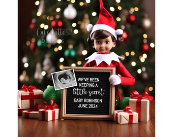 Christmas Digital Baby Announcement Social Media With Girl Elf, Christmas Digital Pregnancy Announcement Template, Keeping A Little Secret