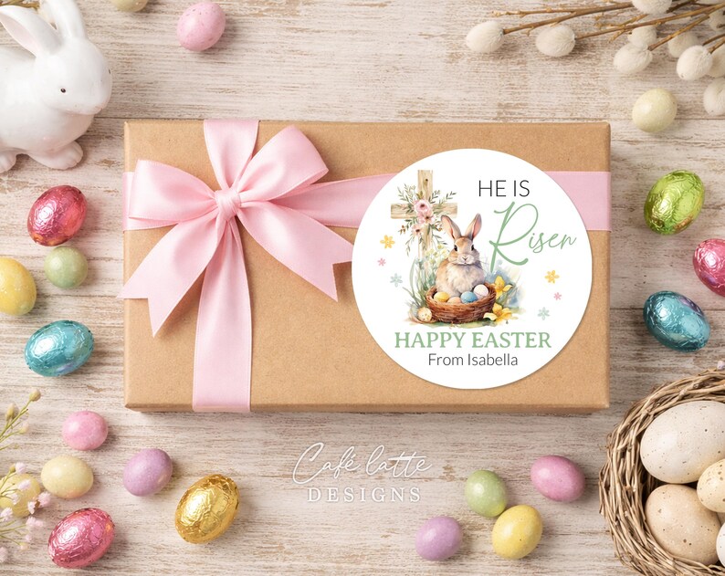easter stickers printable, easter stickers template, easter cricut stickers, he is risen stickers, avery easter stickers religious cross and bunny rabbit, easter round label template, easter 3 inch round labels editable template, instant download DIY, Easter candy treat bag gift tags for church
