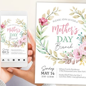 Muttertags-Brunch-Einladung bearbeitbare digitale Vorlage, personalisierte Pfingstrosenblumen-Brunch-Einladung, E-Invite 5x7 Zoll sofort druckbares DIY