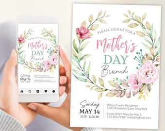 Mothers Day Brunch Invitation Editable Digital Template, Personalized Peony Flowers Brunch Invite, E-Invite 5x7 inches Instant Printable DIY