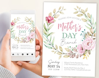 Mothers Day Brunch Invitation Editable Digital Template, Personalized Peony Flowers Brunch Invite, E-Invite 5x7 inches Instant Printable DIY