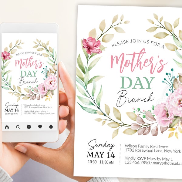 Mothers Day Brunch Invitation Editable Digital Template, Personalized Peony Flowers Brunch Invite, E-Invite 5x7 inches Instant Printable DIY