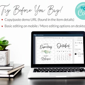 May include: A laptop screen displaying a digital calendar template for a baby announcement. The calendar is for October and says "We're Expecting Baby Robinson". The template is being edited in a design program called "Corjl".