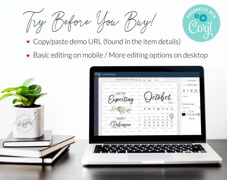 May include: A laptop screen displaying a digital calendar template for a baby announcement. The calendar is for October and says "We're Expecting Baby Robinson". The template is being edited in a design program called "Corjl".
