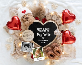 Valentine's Day Big Sister Pregnancy Announcement Digital, 2nd Child Baby Announcement Digital, Instant Download, Bear Promoted Sibling
