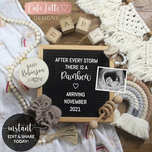 Anuncio de embarazo de bebé arcoíris editable para redes sociales, plantilla digital para revelar el bebé con letras bohemias de género neutro, imprimible DIY