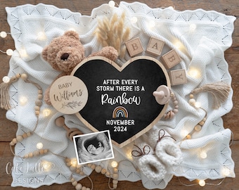 Regenbogen Baby Schwangerschaft Ankündigung Digital Boho Social Media, Gender Neutral Baby, bearbeitbare DIY Vorlage Es gibt einen Regenbogen, kleiner Bär