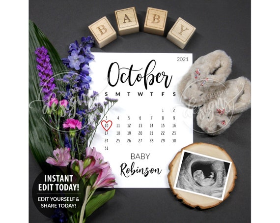 EASTER Pregnancy Announcement Editable Due Date Calendar, Baby Announcement Edit Yourself, Digital, Social Media, Spring Flowers Il_570xn