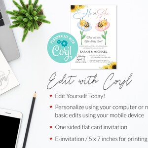 Bee Gender reveal invitation, Baby bees boy girl gender reveal invite editable template DIY, He or She, Boy or Girl, Pink or blue spring Summer baby bee reveal, printable invitation, email, gender reveal text message invite, Sunflowers gender reveal invitation