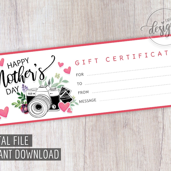 MOTHER'S DAY Photo Session Gift Certificate, Printable Photography Gift Coupon for Mom Grandma, Gift Card Instant Download Gift Idea for Her