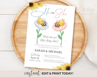 Gender Reveal Invitation Editable Template, He or She Baby Bee E-Invitation Party, Digital Pink Blue Spring Summer Baby Gender Reveal Invite