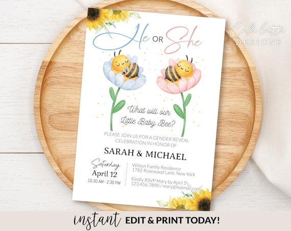 Gender Reveal Invitation Editable Template, He or She Baby Bee E-Invitation Party, Digital Pink Blue Spring Summer Baby Gender Reveal Invite