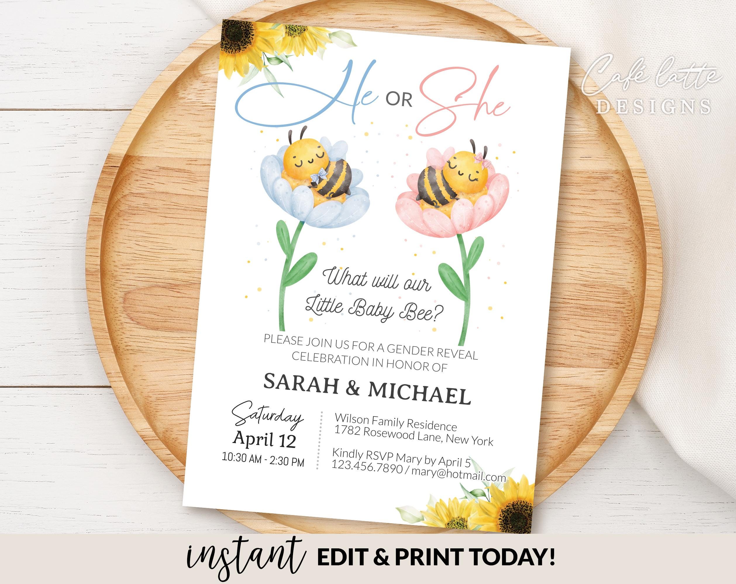 Gender Reveal Invitation Editable Template, He or She Baby Bee E ...