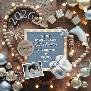 Anuncio digital de embarazo de hermanito para Año Nuevo, anuncio de bebé niño 2026 en forma de corazón para redes sociales, plantilla editable
