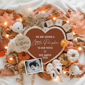 Anuncio digital de embarazo de otoño, anuncio de bebé neutro en redes sociales, plantilla editable para revelar el nacimiento de un bebé en otoño, Little Pumpkin