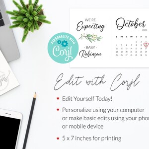 May include: A printable announcement card for an upcoming baby. The card features a calendar with the month of October highlighted, a floral design, and the text "We're Expecting - Baby Robinson". The card is designed to be edited using the Corjl website.