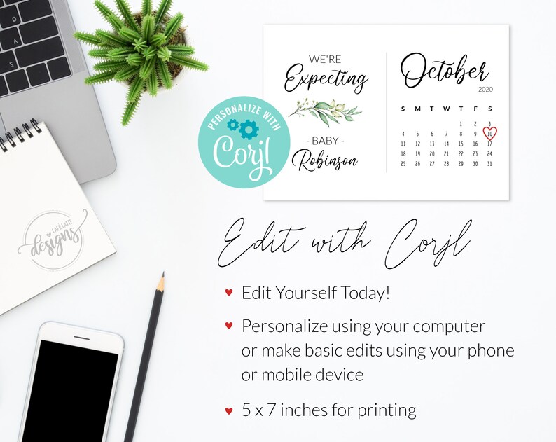 May include: A printable announcement card for an upcoming baby. The card features a calendar with the month of October highlighted, a floral design, and the text "We're Expecting - Baby Robinson". The card is designed to be edited using the Corjl website.