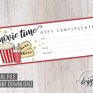Chèque-cadeau de film, chèque-cadeau d'anniversaire à imprimer, bon-cadeau de film, téléchargement immédiat, cadeau de dernière minute pour enfants et ados, bricolage