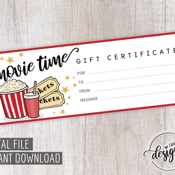 Movie Gift Certificate, Birthday Gift Certificate Printable, Movie Gift Coupon, Gift Instant Download, Last Minute Gift for Kids Teens, DIY