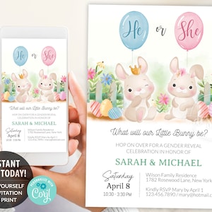 Plantilla editable de invitación de revelación de género de Pascua, invitación electrónica a fiesta de conejo de Pascua, él o ella, niño o niña, imprimible 5x7 DIY