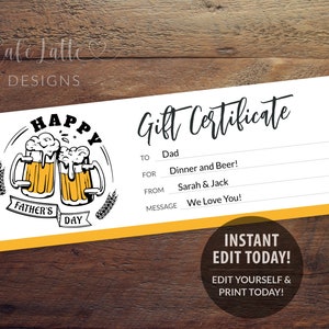 Modèle modifiable de certificat-cadeau de bière, coupon-cadeau de bière de fête des pères pour le cadeau de dîner imprimable de papa, cadeau instantané de dernière minute, DIY Corjl