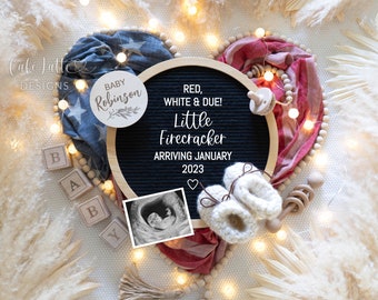 Fourth of July Pregnancy Announcement For Social Media, Digital Red White Due Firecracker USA Boho Baby, Editable Template Letter Board DIY