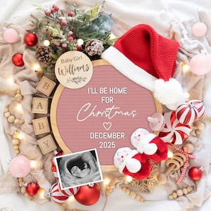 Anuncio de embarazo de niña para Navidad, plantilla digital para redes sociales, gorro de Papá Noel editable, descarga instantánea.