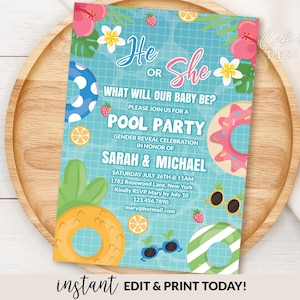 Pool Party Gender Reveal Invitation Editable Template Printable, He or She, Boy or Girl Summer E-Invitation Pool Party Invite, Instant DIY