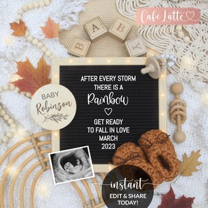 Editable Otoño Boho Rainbow Baby Anuncio de embarazo Redes sociales, después de cada tormenta hay un tablero de letras rainbow, Autumn Digital Corjl