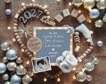 New Years Boy Gender Reveal, Little Brother Pregnancy Announcement Digital, Baby Boy Announcement Social Media Blue Gold, Editable Template