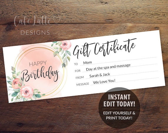 Birthday Gift Certificate Printable Editable Template, Personalized Massage Spa Gift Coupon Mom, Last Minute Gift For Her, Instant DIY Corjl